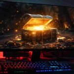Loot box opening with glowing effects on a gaming monitor