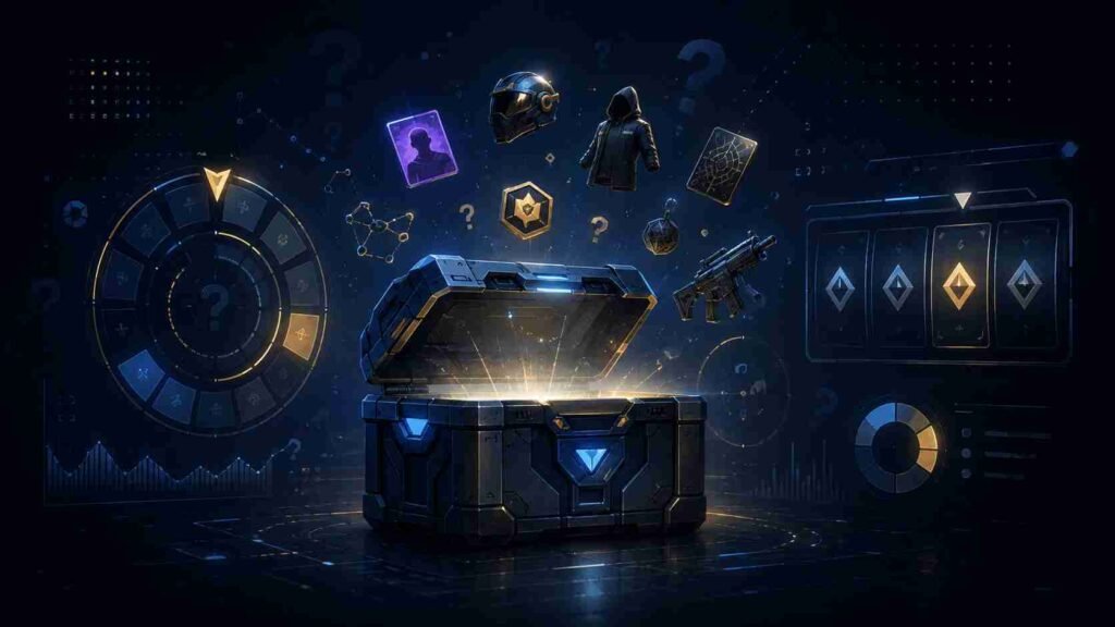 Loot box showing randomized digital rewards and chance-based gaming mechanics