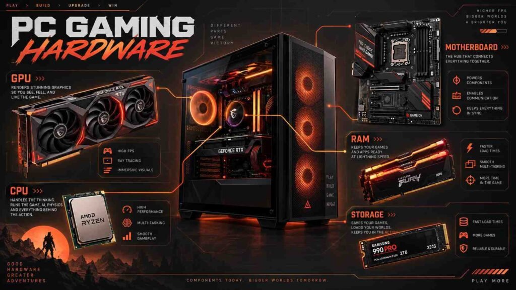 PC gaming hardware illustration showing CPU, GPU, RAM, and storage components