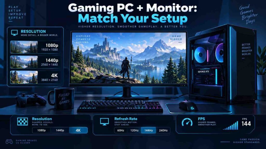 Gaming PC and monitor showing resolution, refresh rate, and FPS considerations