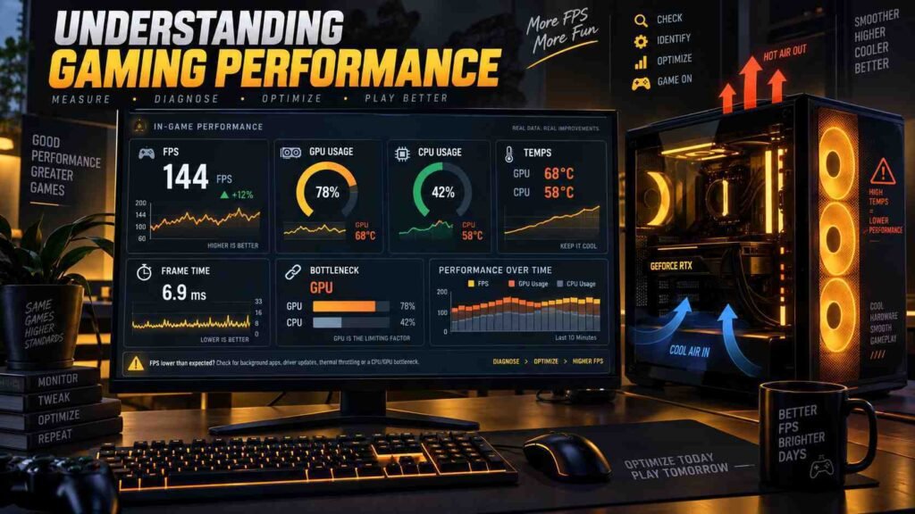 Gaming PC performance dashboard showing FPS, CPU and GPU usage, temperatures, frame time, and bottlenecks