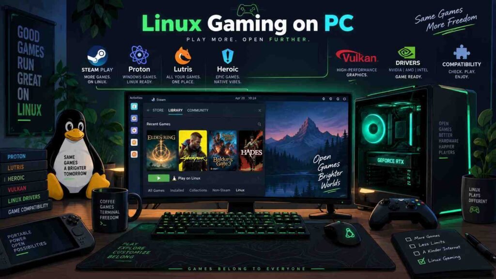 Linux gaming PC setup showing Proton, Vulkan, graphics drivers, and game compatibility